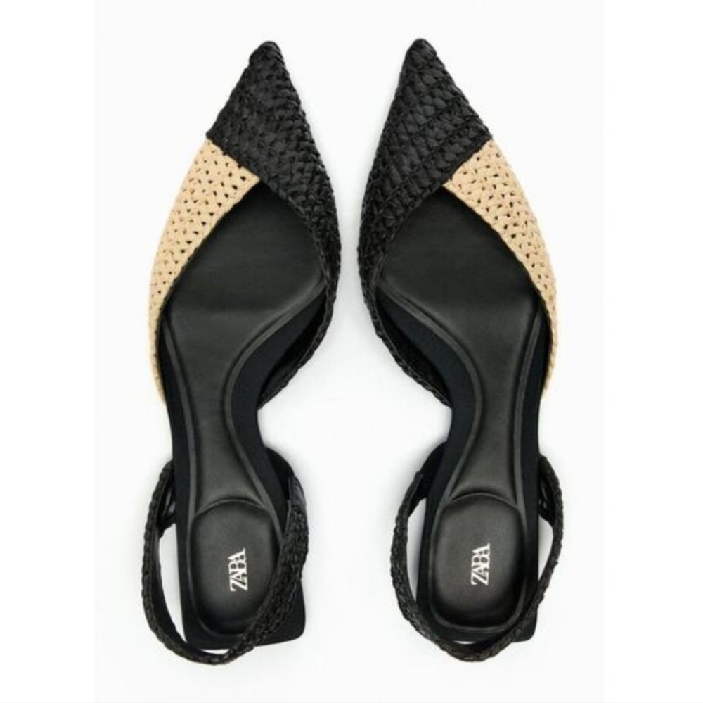 Zara Black and Beige Pointed Slingback Flats